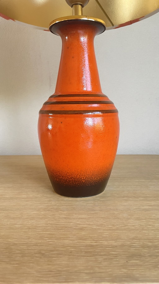 Vintage Handmade Table Lamp (47cm) – Orange Ceramic with Gold-Glossy Ikat Chevron Lampshade
