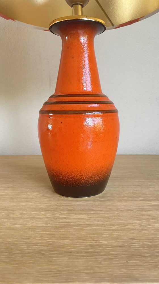 Image 1 of Vintage Handmade Table Lamp (47cm) – Orange Ceramic with Gold-Glossy Ikat Chevron Lampshade