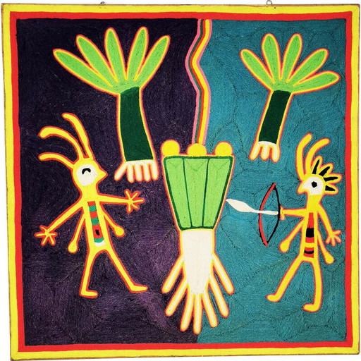 Peinture vintage tissée avec du fil par la tribu Huichol, Mexique 1970