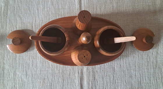 Image 1 of Mid-Century Teak Spice & Sugar Set – 6 Pieces – Vintage