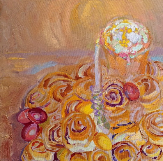Origineel olieverfschilderij Interieur Taart Traditie Paasstillevens – Schilderijen & Tekeningen, Canvas (photo 2 of 5)