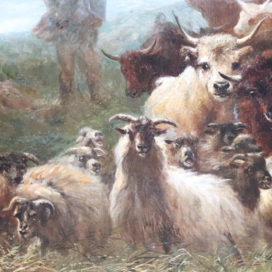 Image 1 of Large Oil Painting on Canvas, Herd of Cattle, Signed Watson W. 19th Century