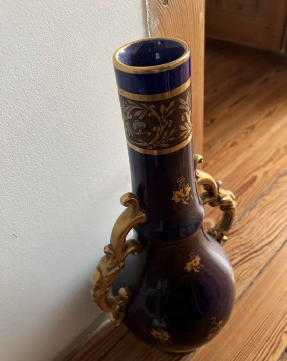 Image 1 of Vintage antieke keramische porseleinen aardewerken vaas in blauw en goud van Jaguet Pinon