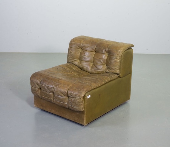 Image 1 of Sofá modular De Sede DS11 de cuero con parches verde oliva, diseño de mediados de siglo, 6 elementos. Suiza, años 70.