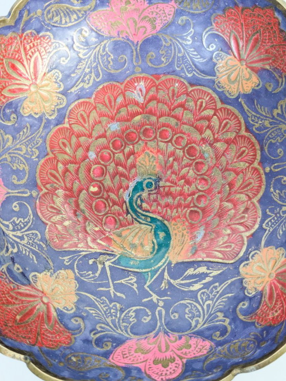Vintage Brass Peacock Bowl, India Painted Enamel, Scalloped Footed Dish (photo 9 of 14)