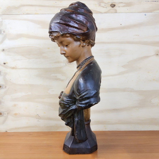 Image 1 of Antico busto di donna in gesso Art Nouveau (ca. 1900) Statua romantica francese/belga
