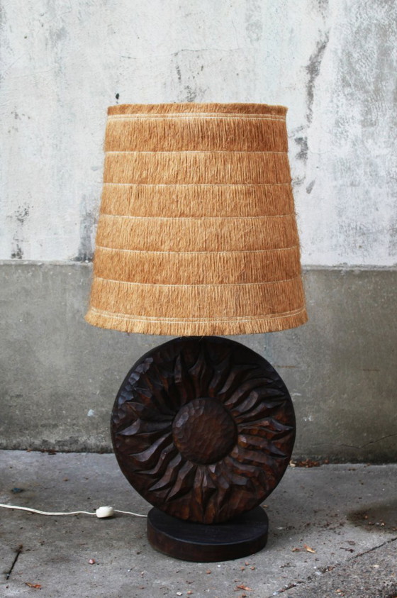 Page 1 of 6 Brutalist Lamp in Wood and Raffia Signed Delsinne, Belgium, 60s. – Table lamps (photo 2 of 6)