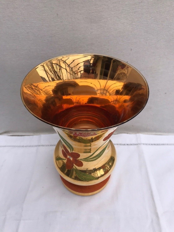Image 1 of Vaso antico in vetro artistico di BEAULIEU, vetro dipinto in oro + decoro floreale vintage #D391