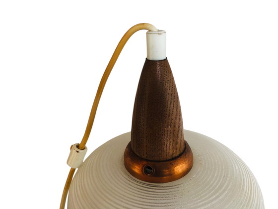 Image 1 of Vintage retro hanglamp van glas en teak hout jaren 60 design 