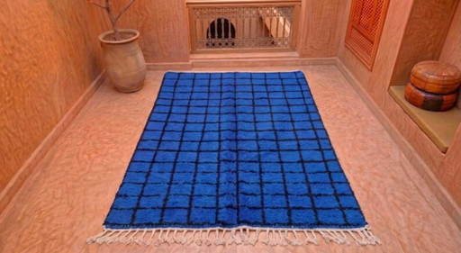 Tapis Marocain Bleu-Carré Noir En Laine 200cmx300cm – vloerkleden en tapijten, Cotton (photo 2 of 9)