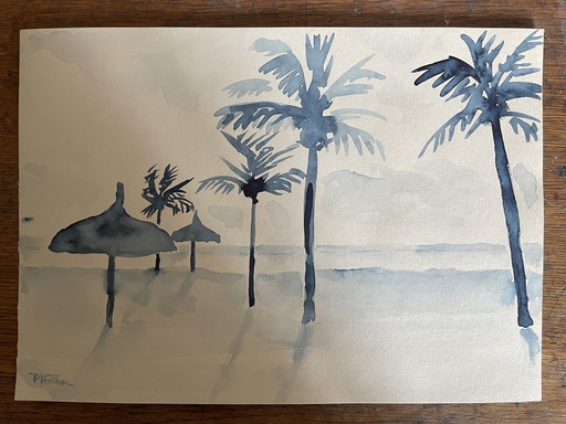 Aquarelle Bleue Plage Palmiers « Ile Maurice »