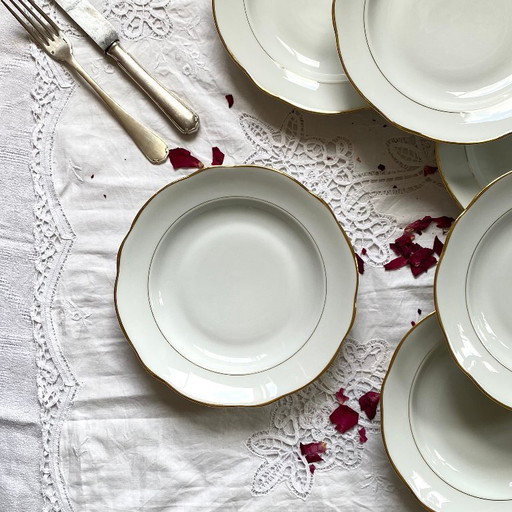 6 platos hondos antiguos de porcelana blanca y dorada de Sologne, Lamotte Vintage