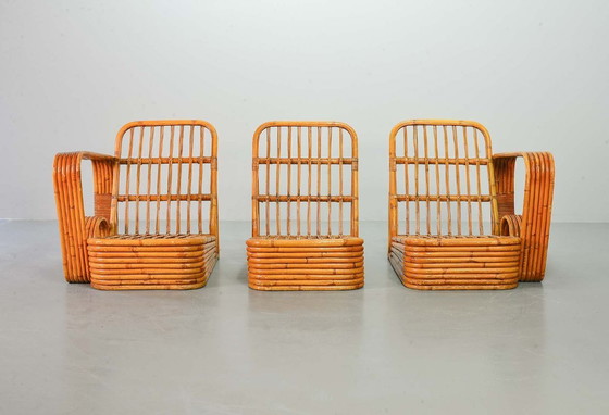 Image 1 of Fabulous Mid-Century Design Six Strand Rectangular Rattan 3-Seat Sofa with Frost Blue Fabric Cushions Attributed to Paul Frankl