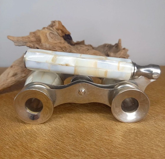 Image 1 of Vintage theatre glasses (opera glasses), made of metal and finished with mother-of-pearl (nacre) shell inlay.