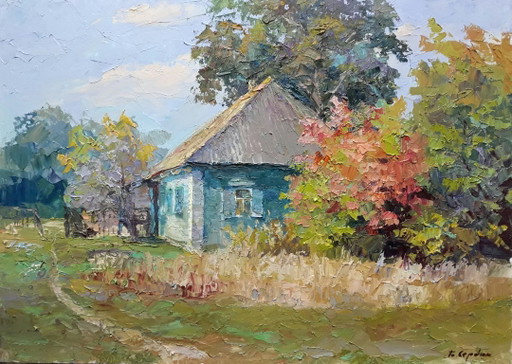 Original Oil Painting Rural Landscape Countryside Summer House Native Home