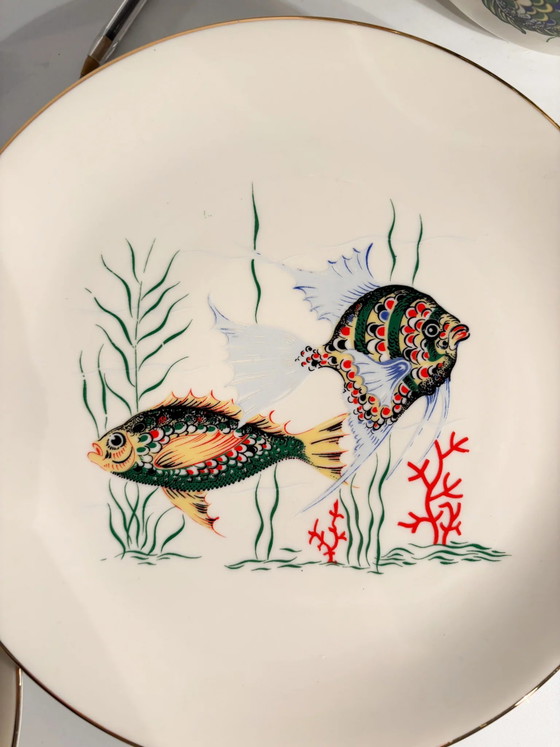 Servizio da tavola bavarese in ceramica degli anni '80 composto da sei piatti e zuppiera per pesce. (photo 7 of 14)