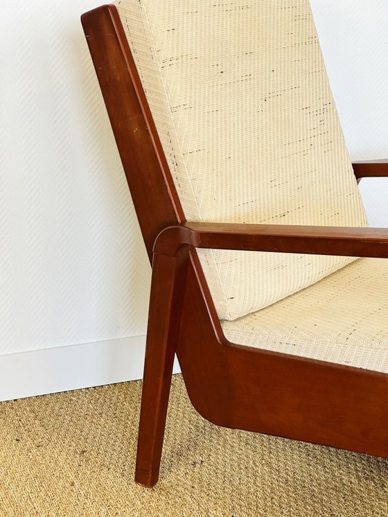 Image 1 of Vintage Scandinavische fauteuil van teakhout en beige textielstof, 1960