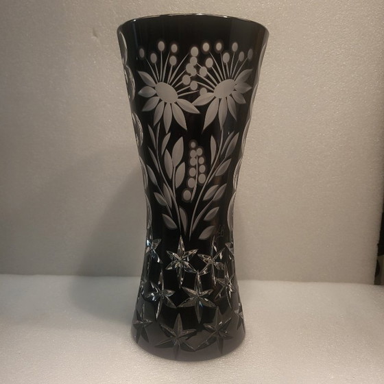 Image 1 of Large black crystal vase, signed Bruno Lehrer, Lorraine, France