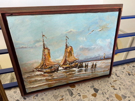 Óleo sobre lienzo “Marina con barcos de pesca” – Firmado Breuer – Pinturas y dibujos, Other (photo 3 of 5)