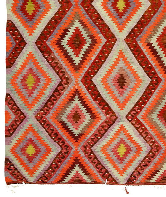 Tappeto turco vintage Usak Kilim 257x170 cm – Tessuto a mano in lana con audace motivo geometrico a rombi, (photo 4 of 10)
