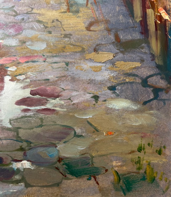 Image 1 of Peinture à l'huile originale, paysage de rue de ville, ruelle d'enfance