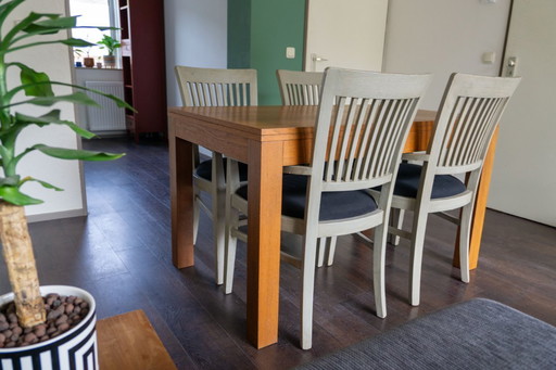 Set da pranzo completo: sedie di design Schmieden + tavolo in legno di teak