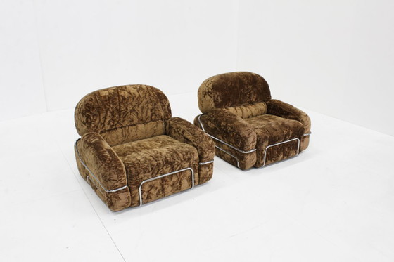 Image 1 of Set of vintage Italian armchairs in chrome and velvet from the 1970s