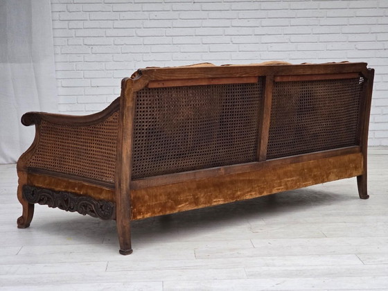 Image 1 of 1930-35s, Danish 3-seater sofa, furniture velour, furniture mesh, carved ash wood.