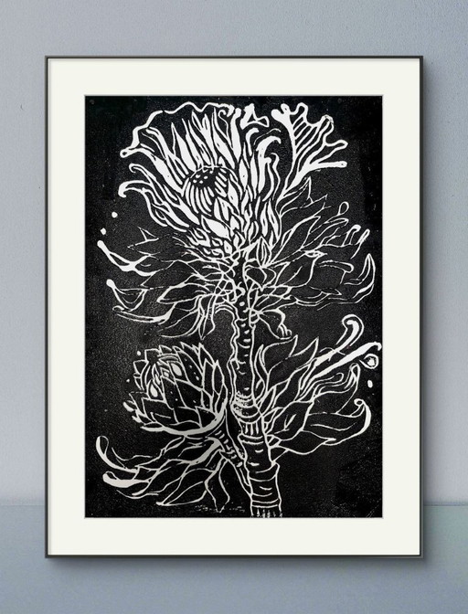  Protea, Linogravure - A3 Encre noire sur papier blanc - Art botanique imprimé à la main - Edition limitée