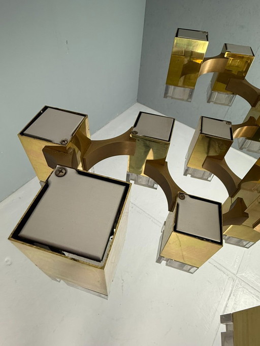 Lustre cubique Sciolari en laiton, édition rare, 17 lumières, Italie des années 1970