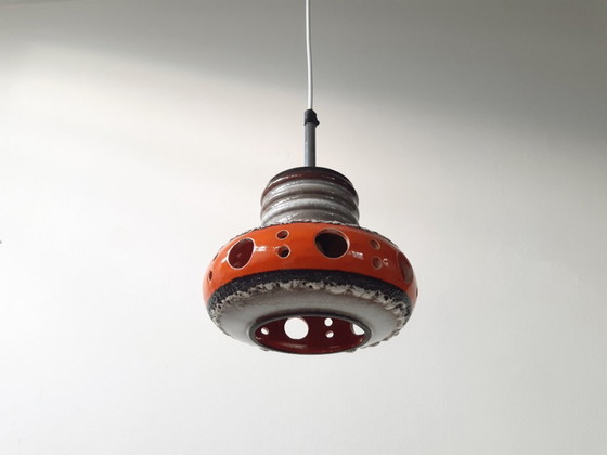 Image 1 of Keramieken aardewerken vintage hanglamp van Herda, west germany fat lava stijl, keramische retro, oranje hanglamp