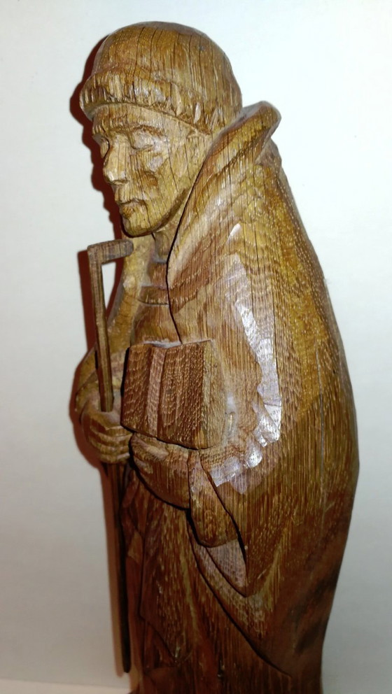 Image 1 of Statuette Religieuse Rétro Vintage en Bois Sculpté l'Abbé St Méen / 50's  