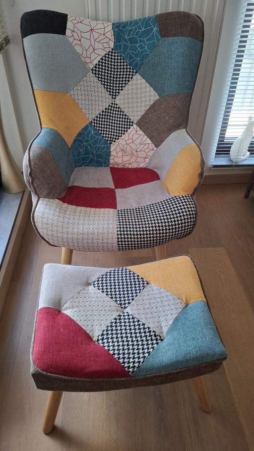 Fauteuil patchwork + repose-pieds
