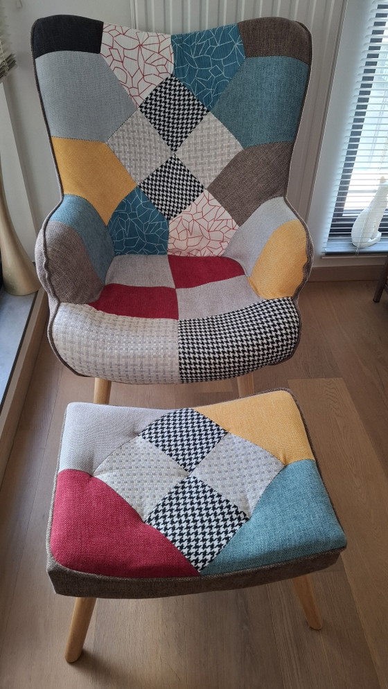 Image 1 of Fauteuil patchwork + repose-pieds
