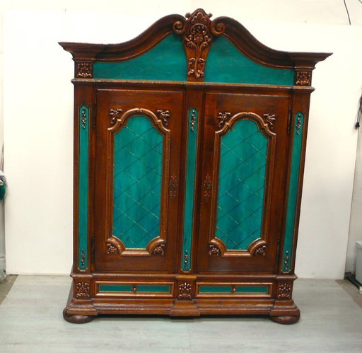 Armoire d'entrée, Armoire à linge style historiciste, Chêne massif + Turquoise, 2 portes 2 tiroirs