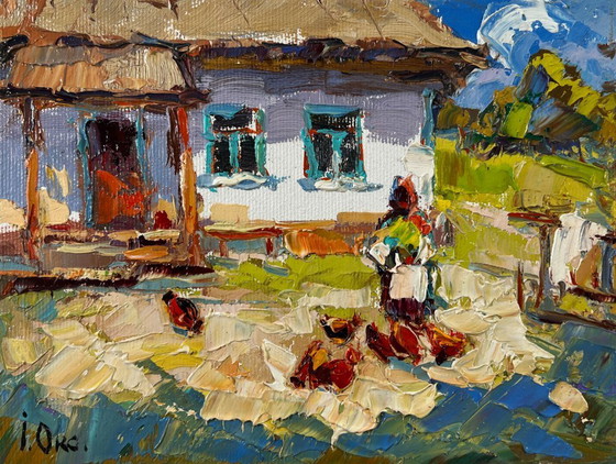 Image 1 of Original Oil Painting Summer Village Landscape Yard in August