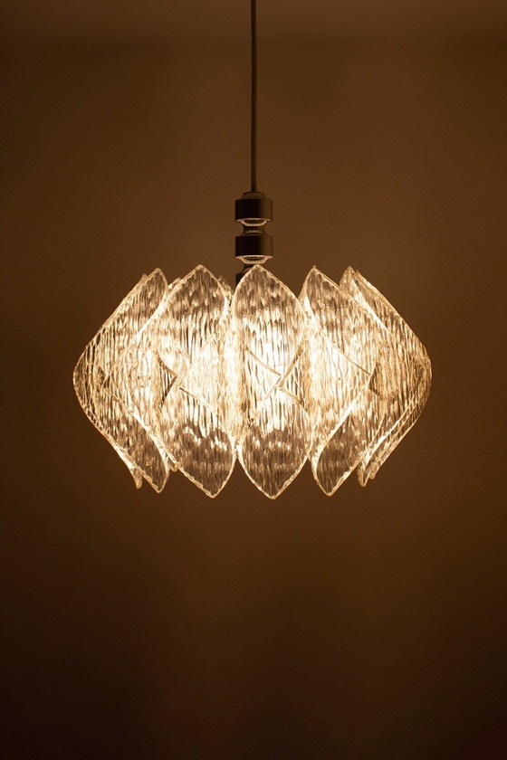 Image 1 of 70s ME Marbach Leuchten ‘ice glass’ acrylic pendant lamp with chrome suspension