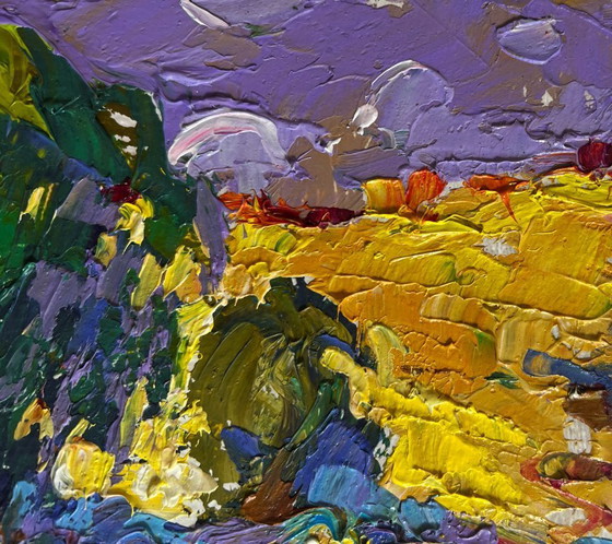 Image 1 of Original Oil Painting Summer Field Landscape Walking a cow in a field