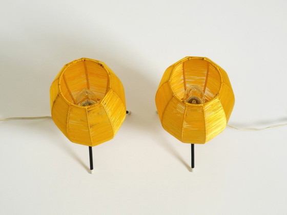 Image 1 of Two beautiful Mid Century modern tripod raffia table lamps