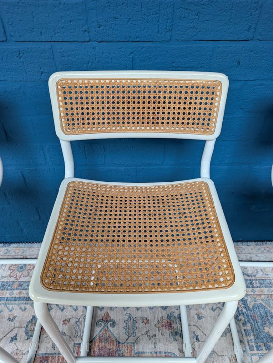 Set of 3 barstools with white metal frame and rattan, Vintage (photo 10 of 15)