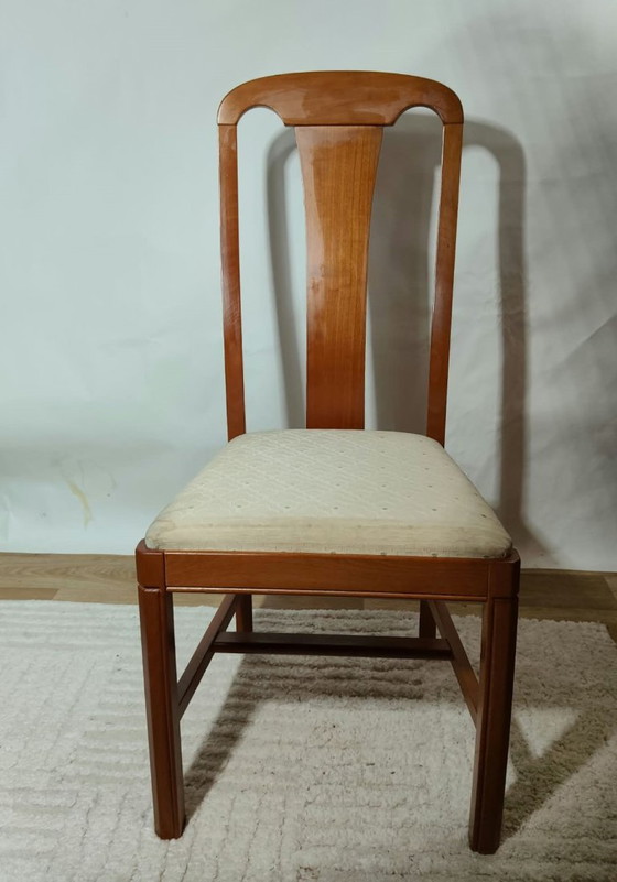 Set of 4 vintage chairs in stained wood and ecru fabric, Dining chairs, Textile, Brown (photo 4 of 6)