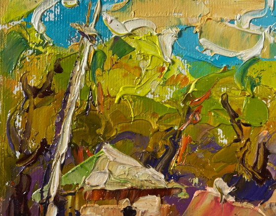 Image 1 of Original Oil Painting Autumn Village Landscape Warm evening sun sets over the horizon