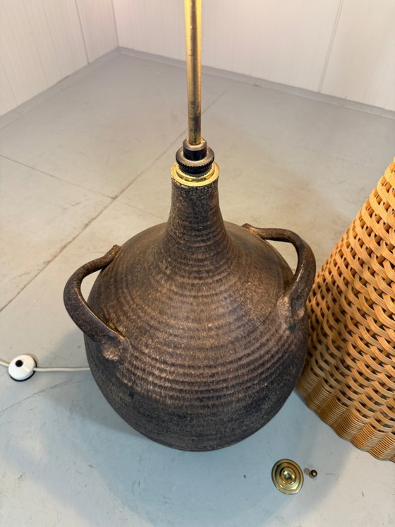 Image 1 of Large pottery floor lamp with rattan shade 1960's