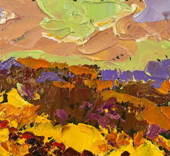 Image 1 of Original Oil Painting Evening Field Landscape Autumn is floating over the horizon