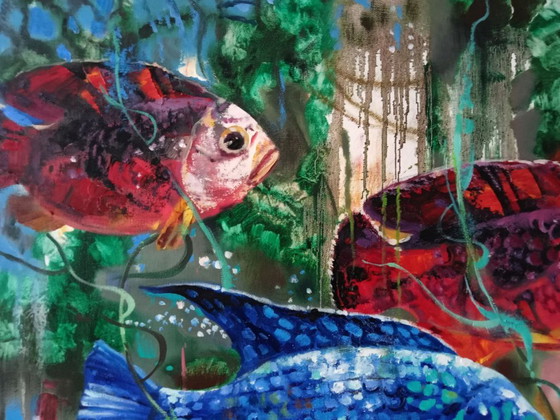 Peinture à l'huile originale Expressionnisme abstrait Monde sous-marin Poisson – Peintures et dessins, Canvas (photo 4 of 8)