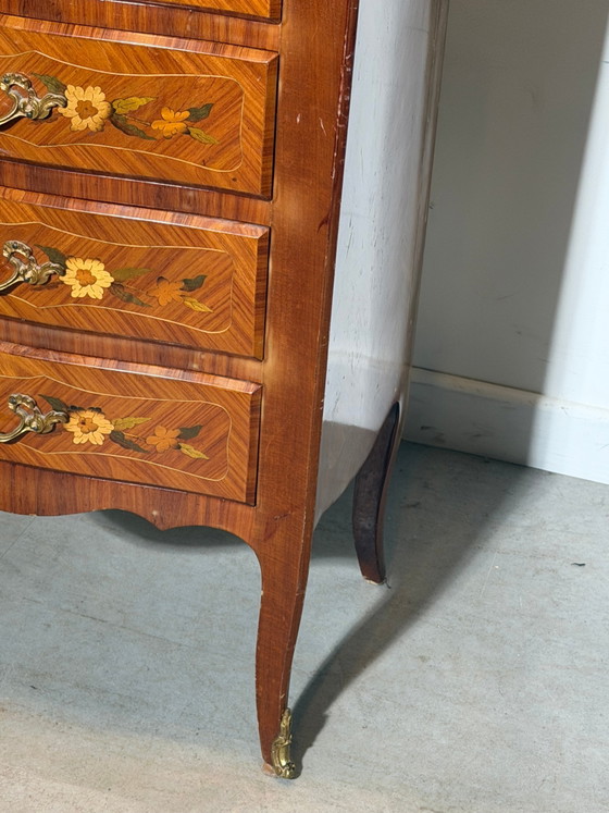 Commode haute de style Louis XV, marqueterie française, avec plateau en marbre – Wood (photo 6 of 6)