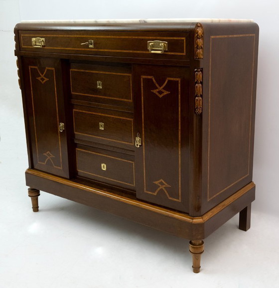 Image 1 of Comò Liberty in radica di tuia italiana e marmo rosa del Portogallo, anni '20