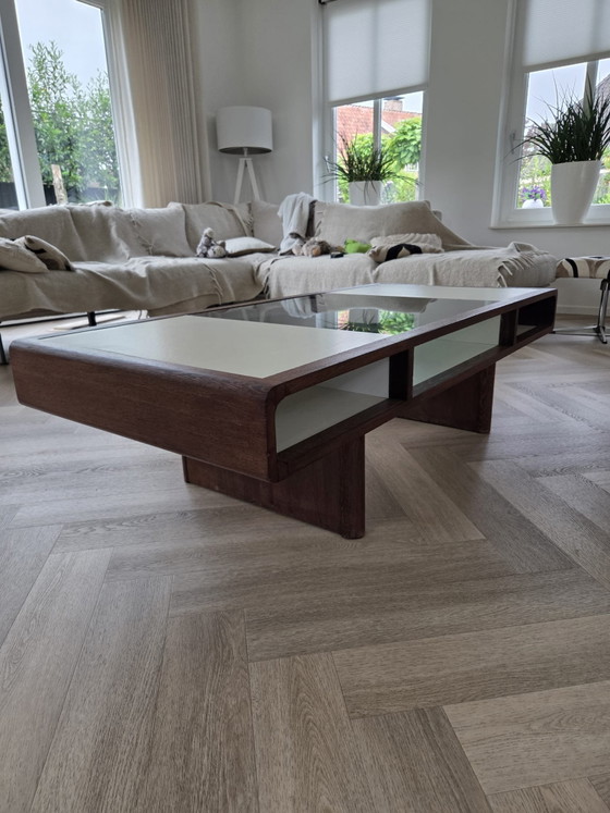 Image 1 of Unique Vintage Coffee Table with Wood and Smoked Glass