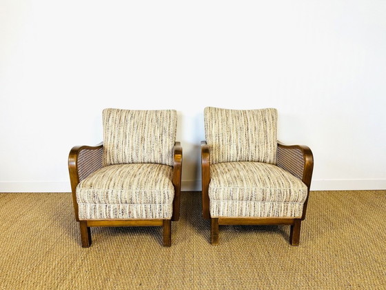 Image 1 of Vintage Art Deco woonkamerset van gebogen hout en riet, 1950, set van 3