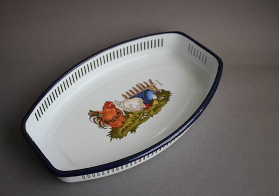 Image 1 of Münder Email Emaille Motiv Hahn und Huhn Brotschale Schale Brotkorb